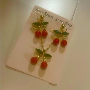 Cherry Design Gold and Green Earrings
